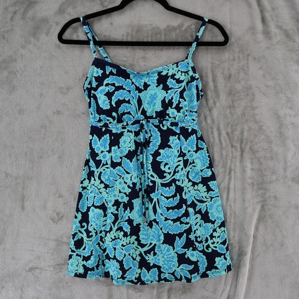 Swim Solutions Swimdress Womens 8 Blue Floral Empire Waist Modest Resort NWT - Picture 2 of 15